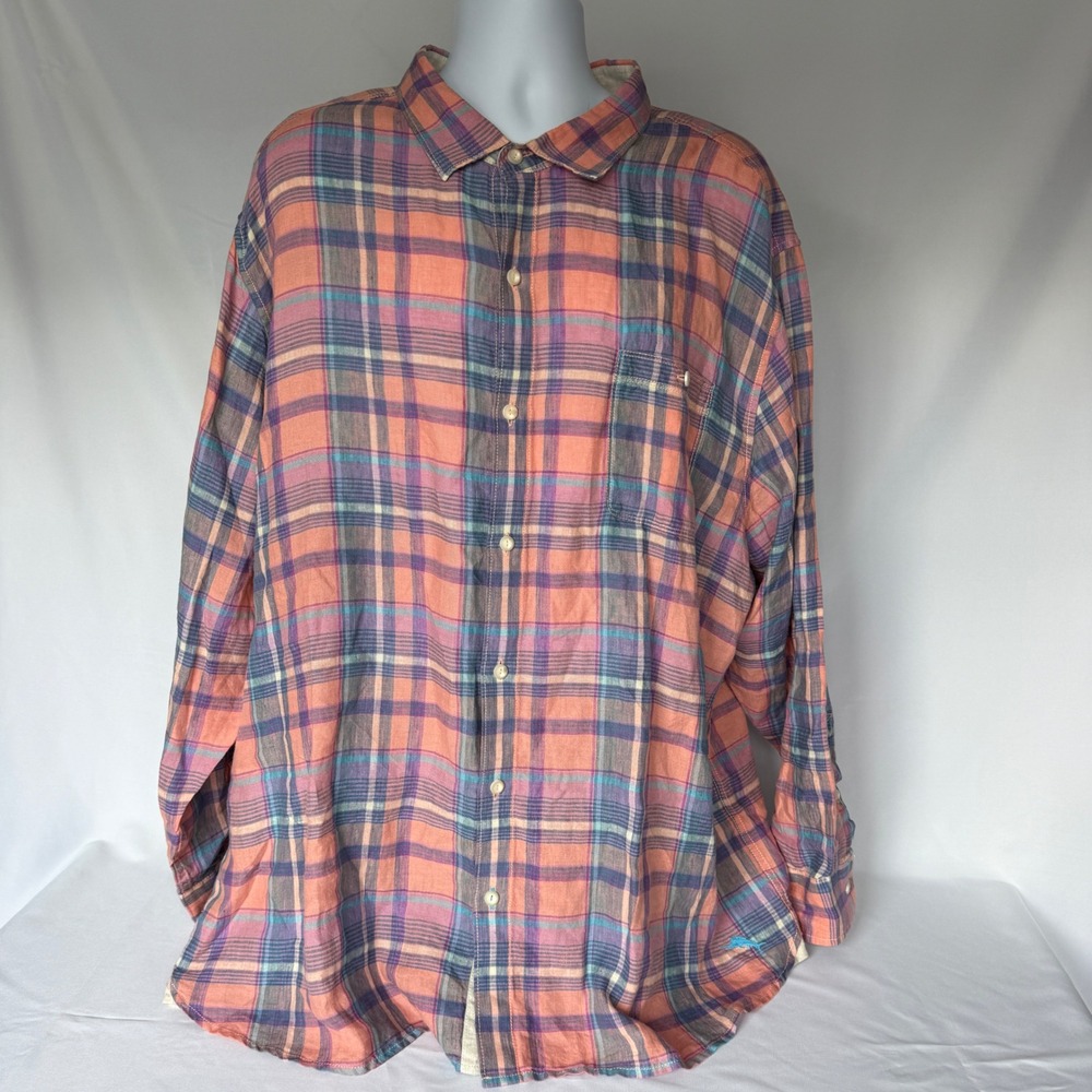 Tommy Bahama Mens 3XL Linen Plaid Button Down Shirt Coral Purple Lg Slv Coastal